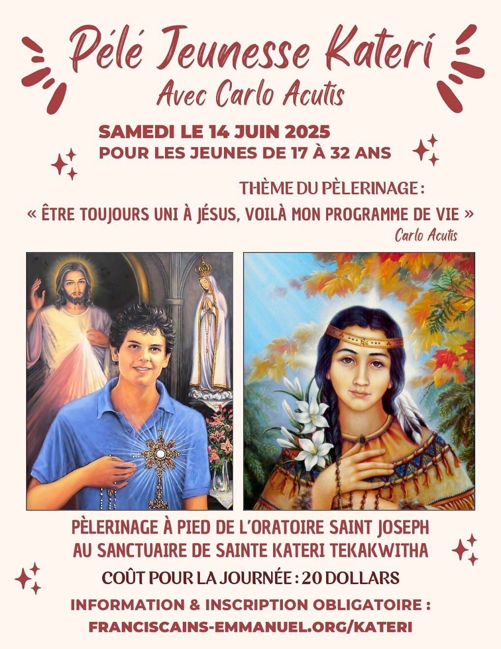 Affiche-pèlerinage jeunesse Kateri Tekakwitha avec le Bienheureux Carlo Acutis 