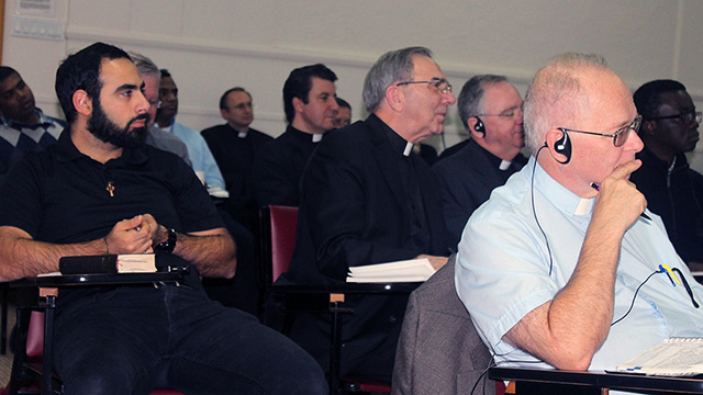 Msgr. Stephen Rossetti addresses Montreal priests at the Grand Séminaire.