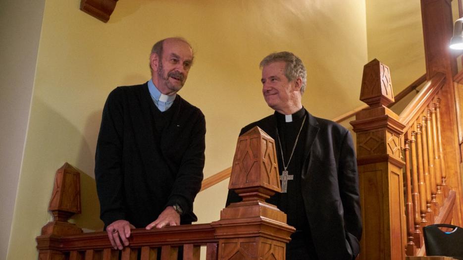 Msgr Pierre Blanchard with the Archbishop Christian Lépine speaking to the guests. (Photo: Richard Maltais)